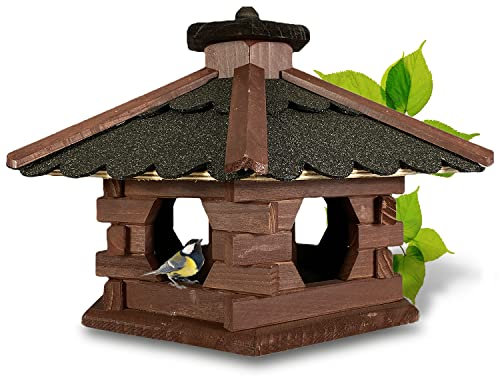 GARTENETAGE Futterhaus Skandinavia mit Futtersilo für Vögel/massives Vogelhaus aus Holz, wetterfest/Vogelhäuschen für Balkon und Garten, handgefertigt/Futterhaus für Vögel - Farbe Braun