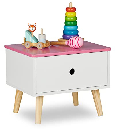 Relaxdays Nachttisch Kinder, mit Schublade, HBT 31 x 38 x 30 cm, Kinderzimmer, kleine Kommode, Holz & MDF, weiß/rosa