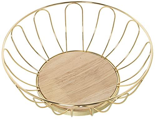 Frutero Redondo de Metal con Bade de Madera en Dorado y Natural 28x10cm, Base 16,5cm