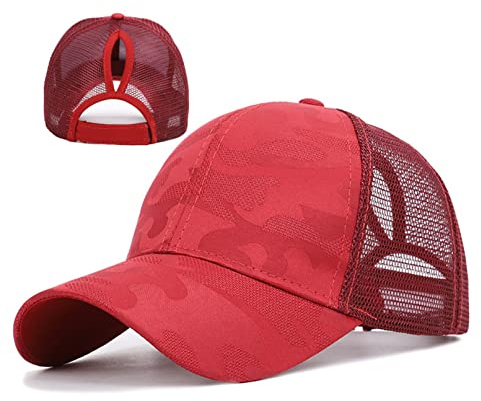 Damen Mesh Baseballmütze, Baumwolle Pferdeschwanzmütze, verstellbare Hip Hop Camouflage Mützen, Sportmütze mit Zöpfen Loch Schleife Hut