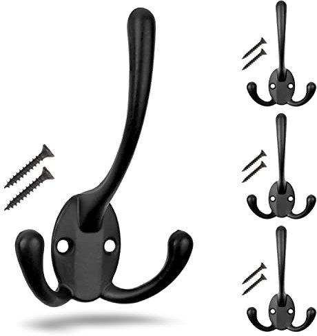 Haken zum Schrauben, 4 Stück, in Schwarz, Außen 113 x 67 x 27 mm, Dreierhaken inkl. Holzschrauben, Garderobenhaken für Tür, Bad, Küche, Flur, DIY Metallhaken, Jackenhaken, Schwanenhals Schraubhaken