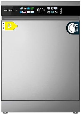Cecotec Lave-vaisselle 60cm Bolero Aguazero 6210 Inox D Lave-vaisselle inox, 15 couverts, Classe D, écran FullColor XXL, 14 programmes, Lavage Dual Zone, Aquastop, Dry+, Plateau réglable et AutoClean.