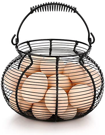 Flexzion Round Wire Basket - Chicken Egg Holder & Fruit/Vegetable Basket, Black, Rustic Farmhouse Decorative Egg Storage with Handle