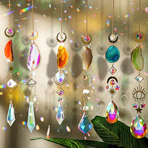 Maitys 6 x 6 x Crystal Suncatcher Sun Catchers Indoor Window Hanging Sun Catchers with Light Catcher with Prisms and Agate Slices for Indoor Outdoor Home Garden Wedding Decor (Colourful Crystal)