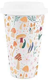 Reusable Ceramic Cottagecore Travel Mug - Forest Mushrooms - Silicone Lid Double-Walled Insulated Hot/Cold Drinks Tea Coffee Gift Mug