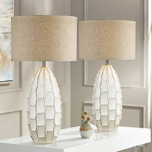 Possini Euro Design Cosgrove 32 3/4 Tall Oval Large Mid Century Modern Coastal End Table Lamps Set of 2 White Ceramic Living Room Bedroom Bedside Nightstand House Beige Shade (Colors May Vary)