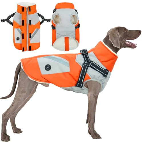 PUMYPOREITY Hundejacke, Hundemantel mit Geschirr Fleece Gefüttert Warme Hundeweste Winterjacke Hunde Bekleidung Mäntel Reflexstreifen für Kaltes Wetter Reißverschluss(Orange, XL)
