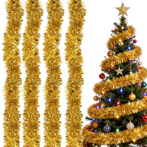4X Lametta Girlande Gold (Je 2m) – Extra Breite & Flauschige Weihnachtsbaum Girlande mit Frostspitzen-Effekt | Glänzende Christbaum G-irlande als Weihnachtsbaumschmuck & Partydeko, Wiederverwendbar