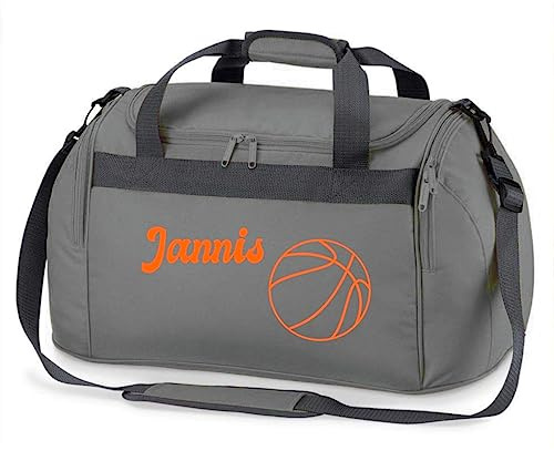 minimutz Sporttasche mit Namen Bedruckt für Kinder | Personalisierbar mit Motiv Basketball | Reisetasche Duffle Bag für Mädchen und Jungen Sport (grau)