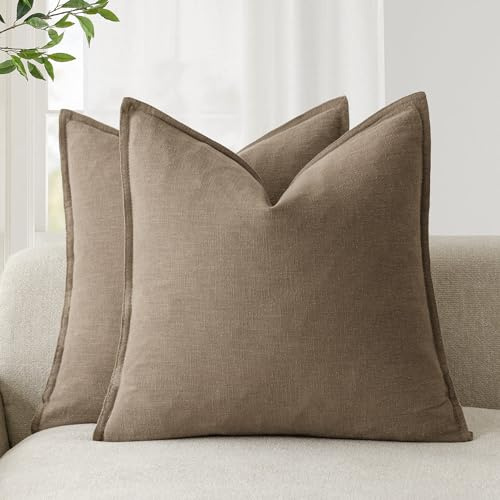 Foindtower Pack of 2, Decorative Linen Soild Throw Pillow Covers Soft Accent Cushion Case Boho Farmhouse Neutral Pillowcase for Chair Couch Sofa Bedroom Living Room Home Decor 18 x 18 Inch Light Brown
