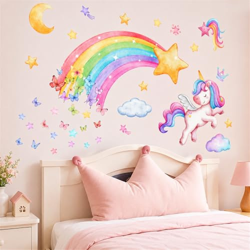 Wandtattoo Kinderzimmer Mädchen Wandtattoo Regenbogen Wandaufkleber Einhorn Schmetterling Wandsticker Wanddeko für Mädchen Kinderzimmer Schlafzimmer Wohnzimmer