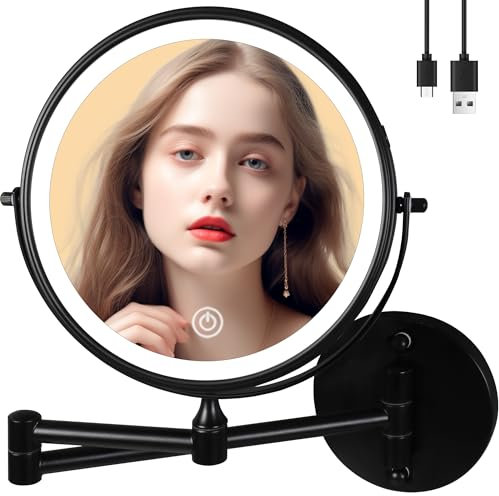 yngtoue 9” Wall mounted shaving mirror with light, 1X/10X magnifying mirror, Adjustable Brightness LED 3 Color Light and USB Charging, 360°Rotation, Hotel Bathroom Mirror Black（960C10X）