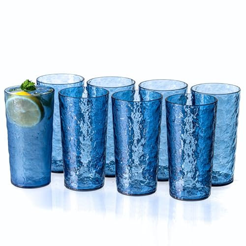 MIYOPESI 18oz Acrylic Glasses Drinkware (Set of 8), Ice-carved Design Shatter-Proof Plastic Cups, Reusable Plastic Drinking Tumblers, BPA-Free, Dishwasher-Safe (Blue)