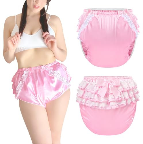 Littleforbig Washable Reusable Waterproof Ruffled Lace Bow Pretty in Pink Satin Over Adult Diaper Cover XXL