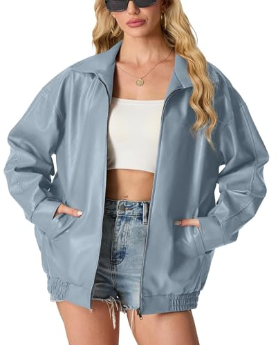 GRECERELLE Chaqueta de piel sintética para mujer con bolsillos con cremallera, chaquetas de mujer de manga larga con cremallera, chaqueta de moto, bomber, abrigo de mujer, M