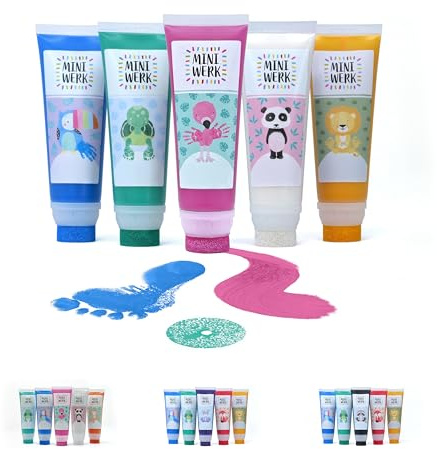 Miniwerk Abdruckfarbe 5er Set mit Schwammaufsatz - 5 Malfarben auf Basis natürlicher Rohstoffe, schadstofffrei wie Fingerfarbe - Baby Handabdruck Set, Fußabdruck Baby (Blau, Grün, Weiß, Rosa, Gelb)
