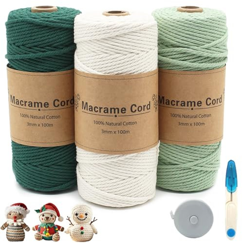 HDKAJL 3 Stück Makramee Garn 3mm x 100m, Baumwollkordel Set in Cremeweiß Dunkelgrün Roségruen, Makramee Schnur für Häkeln Basteln DIY Handwerk Weihnachtsdekoration mit Maßband