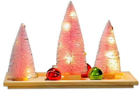 3-teilige Desktop-Miniatur-Weihnachtsbäume, Leuchtend Beleuchteter Mini-Weihnachtsbaum mit Holzsockel, Weihnachtsbäume-Set, Ornamente, Glitzernde Bunte Weihnachtsbäume für den