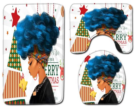 Bad Teppiche Set 3-Teiliges Rote Grüne Weihnachten WC Vorleger Mit Ausschnitt Badematte Saugfähig WC Deckelbezug Badvorleger rutschfest Waschbar Toilettensitzbezug Badgarnitur (45x75cm)