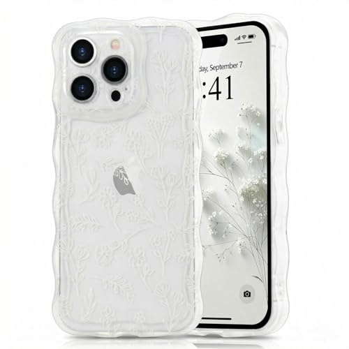 Micoden for iPhone 14 Pro Max Case Clear with Flower Floral Anti-Yellowing | Cute Curly Wave Frame,Soft TPU Slim Bumper,Shockproof Anti-Scratch Protective Wavy Cover for Girls Women-White