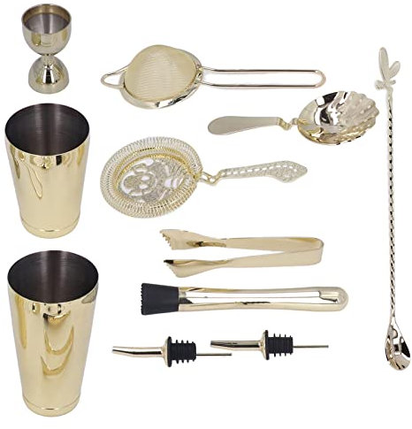 Ensemble Shaker à Cocktail 11 Pièces, Kit de Cocktail en Acier Inoxydable, Ensemble de Bar, Mélangeur de Boissons avec les Accessoires Essentiels, Shaker, Jigger, Passoire, (GOLD)