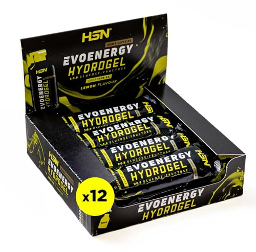 HSN Hydrogel Evonergy avec caféine | Citron – Boîte de 12 unités de 70 ml | 30 g glucides par gel Rapport 1:0,8 (glucose : fructose) | Haute aqueté | Non-OGM, végétalien, sans gluten ni lactose