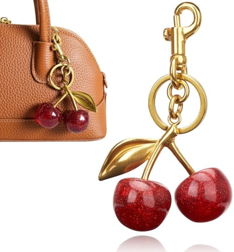 JUVEL Kreativer süßer Kirsch-Schlüsselanhänger, Schlüsselanhänger mit Metallbeschlägen und glänzenden Harzkirschen, Taschenanhänger, Geldbörse, Auto-Fernbedienungsanhänger (Red)