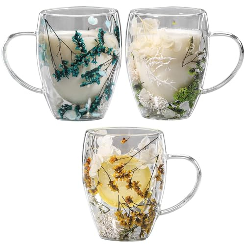Generisch 350Ml 3Stück Doppelwandige Glas Kaffeetassen Mit Getrockneten Blumen - Teetassen, Isolierte Kaffeetasse Mit Trockenblumen | Hitzebeständiger