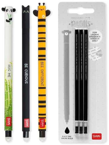 LEGAMI Set mit 3 radierbaren Gelstiften + 3 schwarzen Nachfüllminen, mit thermoempfindlicher Löschtinte, verschiedene Tintenfarben und Stift-designs, 0,7 mm Spitze, Panda-, Katzen- und Bienen-Design