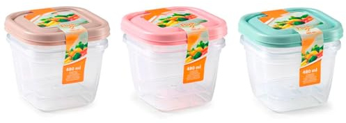 Acan Tradineur - Pack de 6 Fiambreras Cuadradas con tapa - Fabricado en Plástico - Capacidad de 480 ml - Apto para microondas y lavavajillas - 10,5 x 11 x 11 cm - Color Aleatorio