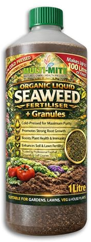 Multi-Mite 1 Ltr Liquid Seaweed + Granules Organic Cold Pressed Concentrate - 100% Natural - Plant Feed Fertiliser Trees Lawn Veg & House Plants Root or Foliar Feed (1 Litre WITH GRANULES)