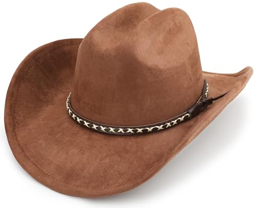 BESOOGII Western Cowboy Hat for Women and Men, Unisex Big Wide Brim Felt Hats for Cowboys and Cowgirls (US, Alpha, Large, Coffee)