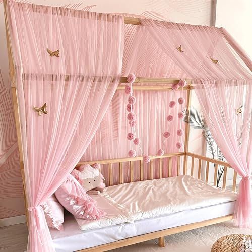 Baby Fancyroom Hausbett Himmel Betthimmel für Kinderbett Kinderzimmer Baldachin Bettvorhang Betthimmel für Mädchen Prinzessin Zimmer (Rosa, 360cm, mit 5 goldenen Schmetterlingen)