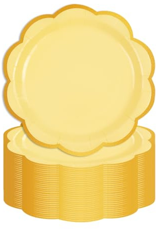 HFBOBP 50 Stück Einwegteller Gelb und Gold Partyteller,18CM Dessertteller Einmalteller Einweg Geschirr,7inch Partyteller Tisch Dekorationen Partygeschirr für Hochzeit Garten Geburtstag