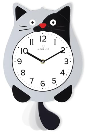 Lafocuse Orologio da Parete Gatto Design Grigio con Pendolo a Coda Mobile, Moderno Orologio da Muro Simpatico Decorativo per Soggiorno Camera da Letto Bambini, 40 x 23.5cm