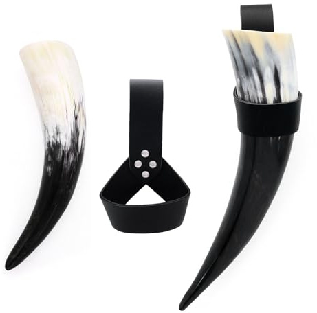 Chope à bière avec support en cuir - Tasse médiévale vikinges - Corne à boire avec étuis en cuir - Costume d'Halloween et de cosplay