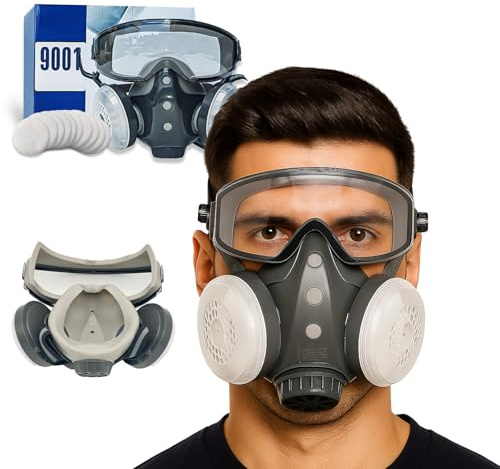 Kaleluv Dust-Proof Integrated Respirator Mask, Full Face Reusable Respirator Mask with 10 Filter Cotton Cores for Woodworking (1Mask+10Filters)