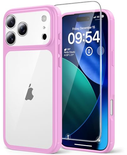 TAURI Cover per iPhone 17 Pro Max con Pellicola in Vetro Temperato,Protezione Completa della Fotocamera,Trasparente Custodia per Sottile Anticaduta - Rosa