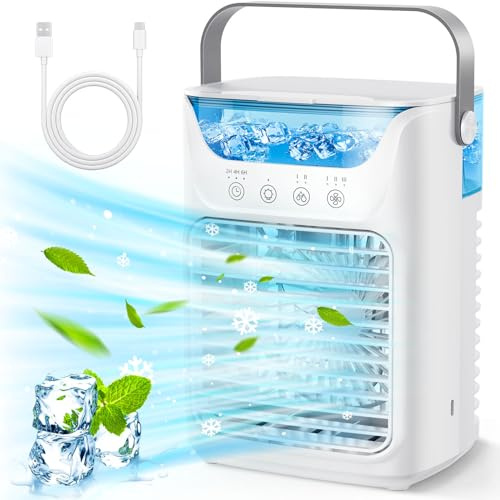 Ventilateur Portable De Climatiseurs, Refroidissement De Bureau 4 En 1 Avec Réservoir D'eau De 700ml,2/4/6H Timer, 3 Brouillard, 7 Nuit Lumière USB Refroidisseur De Charge Pour L'intérieur