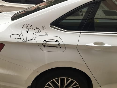 Simon Katzen-Autotankdeckel Aufkleber - Lustige Cartoon Katze mit Schmetterlingen - Wetterfester Vinyl-Sticker - Einfach anzubringen - Für die meisten Tankdeckel (12.81x23.21cm, 2er-Set)