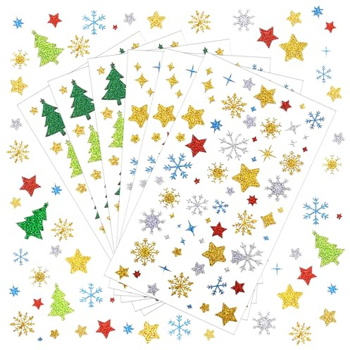 CHIHOLEN 6 Bögen Aufkleber Weihnachten, Weihnachtssticker mit Weihnachtsbaum Sterne Schneeflocken Motive, Selbstklebende Weihnachtsaufkleber für Basteln von Weihnachtskarten, Adventskalender