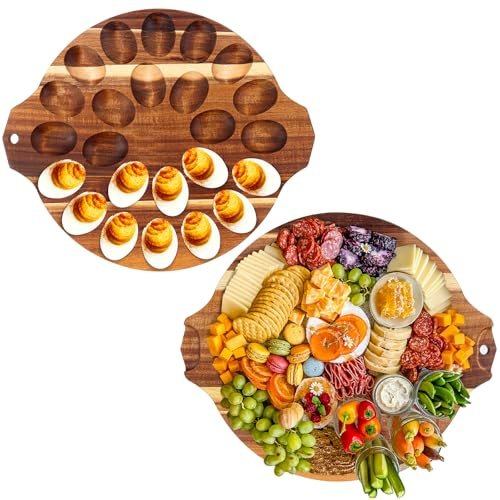 Plateau à œufs en bois d'acacia avec poignées, 33 cm, 24 trous, plateau de service à œufs creux, support rond réversible pour charcuterie pour comptoir, Pâques, Noël, Thanksgiving