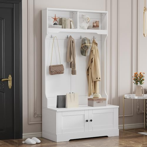 Gxffipw Garderobe Set mit Schuhbank und Schuhschrank, Garderobenset mit 4 Haken und Offenen Aufbewahrung, Flurgarderoben Set mit 2 Türe und Kippschutzvorrichtung, Flur Möbel, Weiß, 101.5x183x47 cm