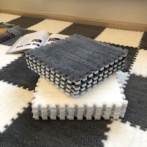 Xiyocadt 10 Stück Puzzle Teppich Matte, Puzzlematte Boden Fliesen-Plüsch Schaumstoff Fußmatten, 30 * 30cm Puzzle-Spielmatten für Schlafzimmer, Spiel (Grau Weiß,30 * 30 * 1CM)