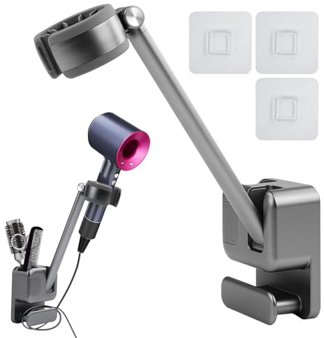 Vibrivio Soporte secador de Pelo sin Manos, Ajustable montado en la Pared con Almacenamiento, Compatible con Dyson Airwrap y Todos los secadores de Pelo, para Puerta de Armario Espejo de baño