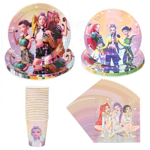 Oirigaga Partygeschirr Set, 80 Stück Korean-Pop-Idol Pappgeschirr mit Pappteller Pappbecher Servietten für 20 Gäste, Bunt Papier Teller und Becher, Party Geschirrset für Geburtstagsdeko & Tischdeko