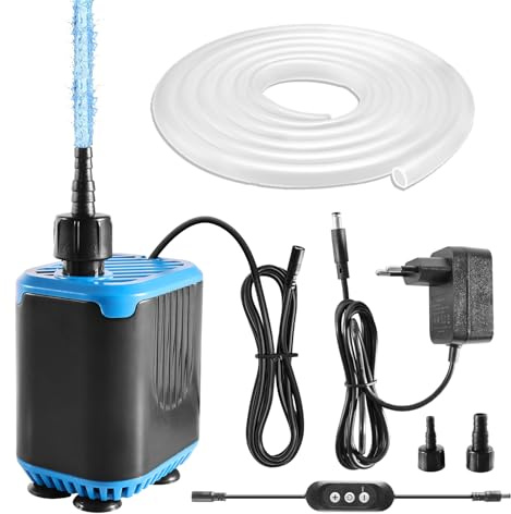 Aquarium Tauchpumpe, 20W 800L/H Wasserpumpe mit Fütterungsmodus, Aquariumpumpe mit 2 Düsen und1.5m Schlauch, Teichpumpe 12v für Aquarien, Gärten, Teich