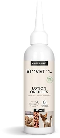 Biovetol - Nettoyant Oreilles Chien et Chat - Hygiène Chien et Chat Toutes Tailles et Tous Âges - Bio Certifiée Ecocert - Conçu et fabriqué en France - 125 ML