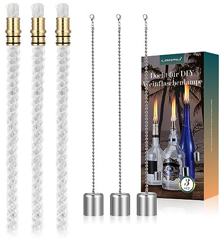LANMU 3 set di stoppini per il fai-da-te lampada bottiglia di vino fai-da-te/torcia da giardinaggio/torcia/torcia di bambù decorazione balcone giardino (con coperchio)