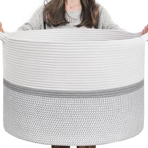 CHICVITA 85L Large Blanket Basket for Living Room, Woven Storage Baskets for Laundry Pillows Toys, Decorative Cotton Rope Basket with Handles for Bedroom Nursery, 22 x 22 x 14, Gray